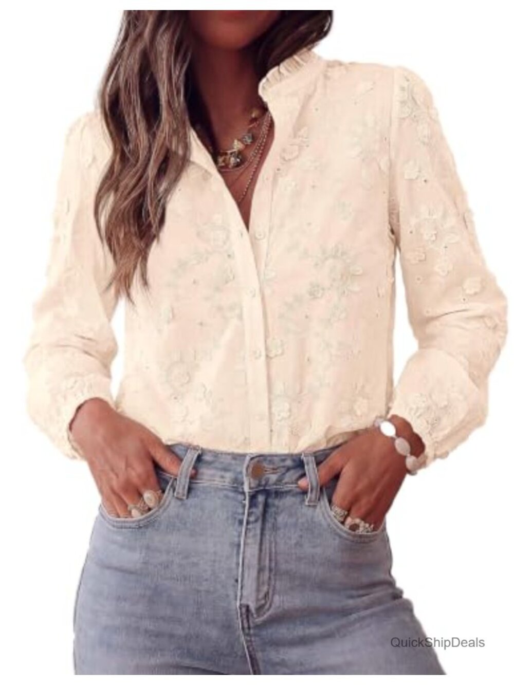 PRETTYGARDEN Floral Embroidered Button Down Blouse Ruffle Collar Work Top